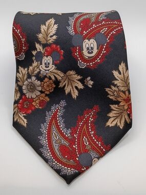 Vintage Disney Tie Mickey Mouse Black Red Floral & Paisley Whimsical Silk 58"